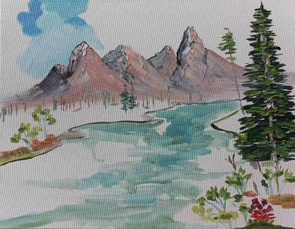 uygulama I a Seniha Ünay, Bob Ross videosundan hareketle yapılmış manzara resmi, 35x45 cm, tuval üzerine yağlıboya, 2022